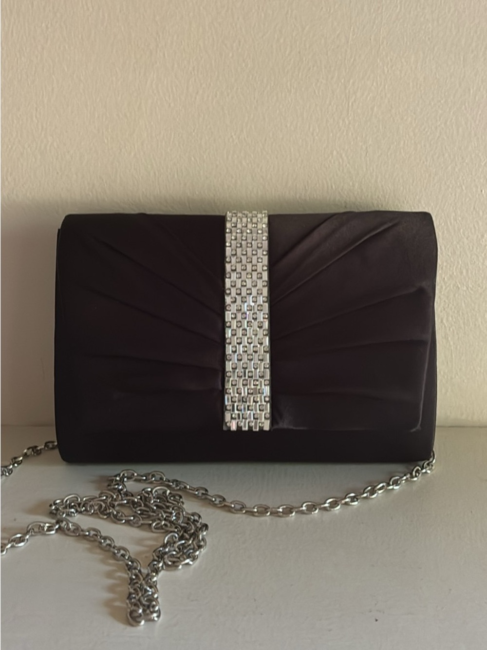Vintage Gunne Sax Black Satin Clutch with Silver Crystal Strap